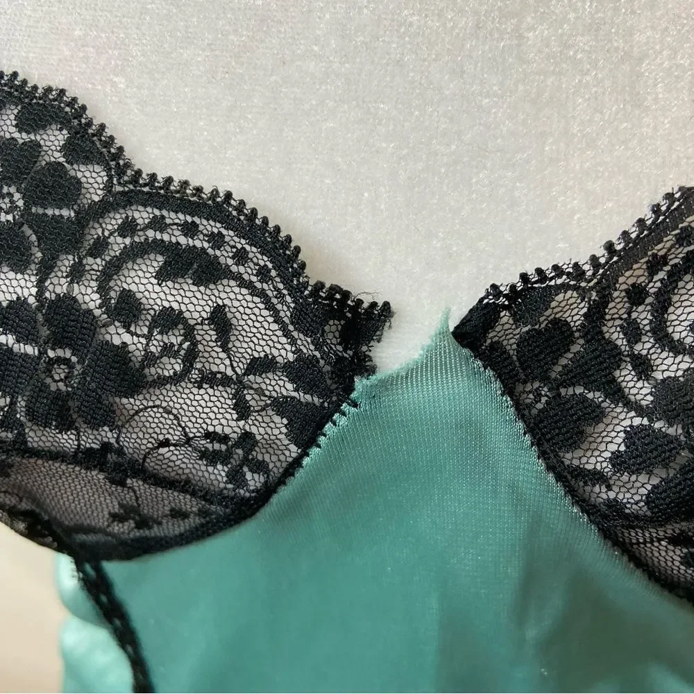 Vintage Nan Flower Blue and Black Two Piece Lingerie Set Camisole Panties Medium
